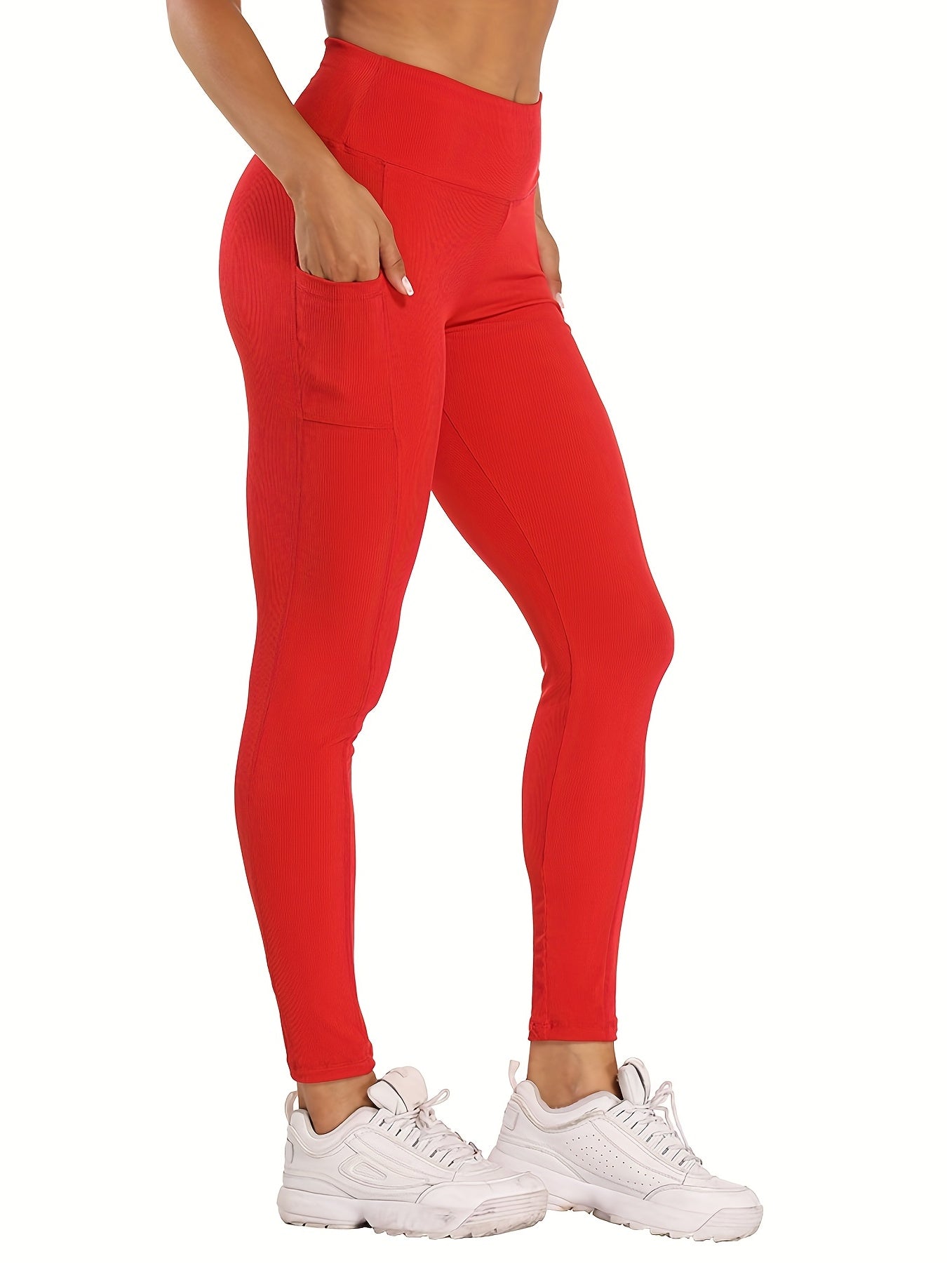 High Waist Yoga Leggings With Pocket Ribbed Knitting Crop Pants