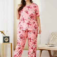 Floral Print Pajama Set Short Sleeve Top & Pants Two Piece