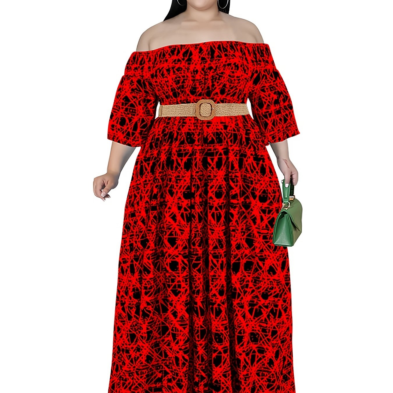 Graphic Print Off Shoulder Maxi Dress Plus Medium Stretch
