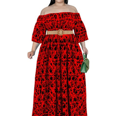 Graphic Print Off Shoulder Maxi Dress Plus Medium Stretch
