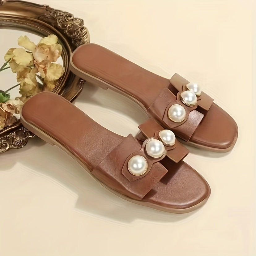 Women's Faux Pearl Flat Slippers Open Toe Non Slip Solid Slides Shoes