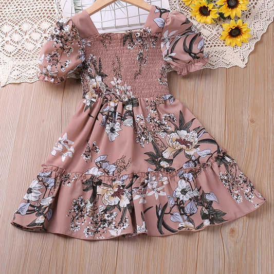 Toddler Girls Puff Sleeve Frill Trim Floral Ruffle Princess Dress