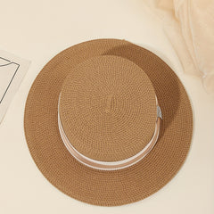 Khaki Sun Hats Satin Wide Strap Decor Flat Top Jazz Straw Hat