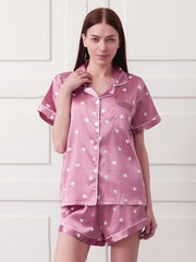 Heart Print Satin Pajama Set Short Sleeve Button Up Top & Shorts