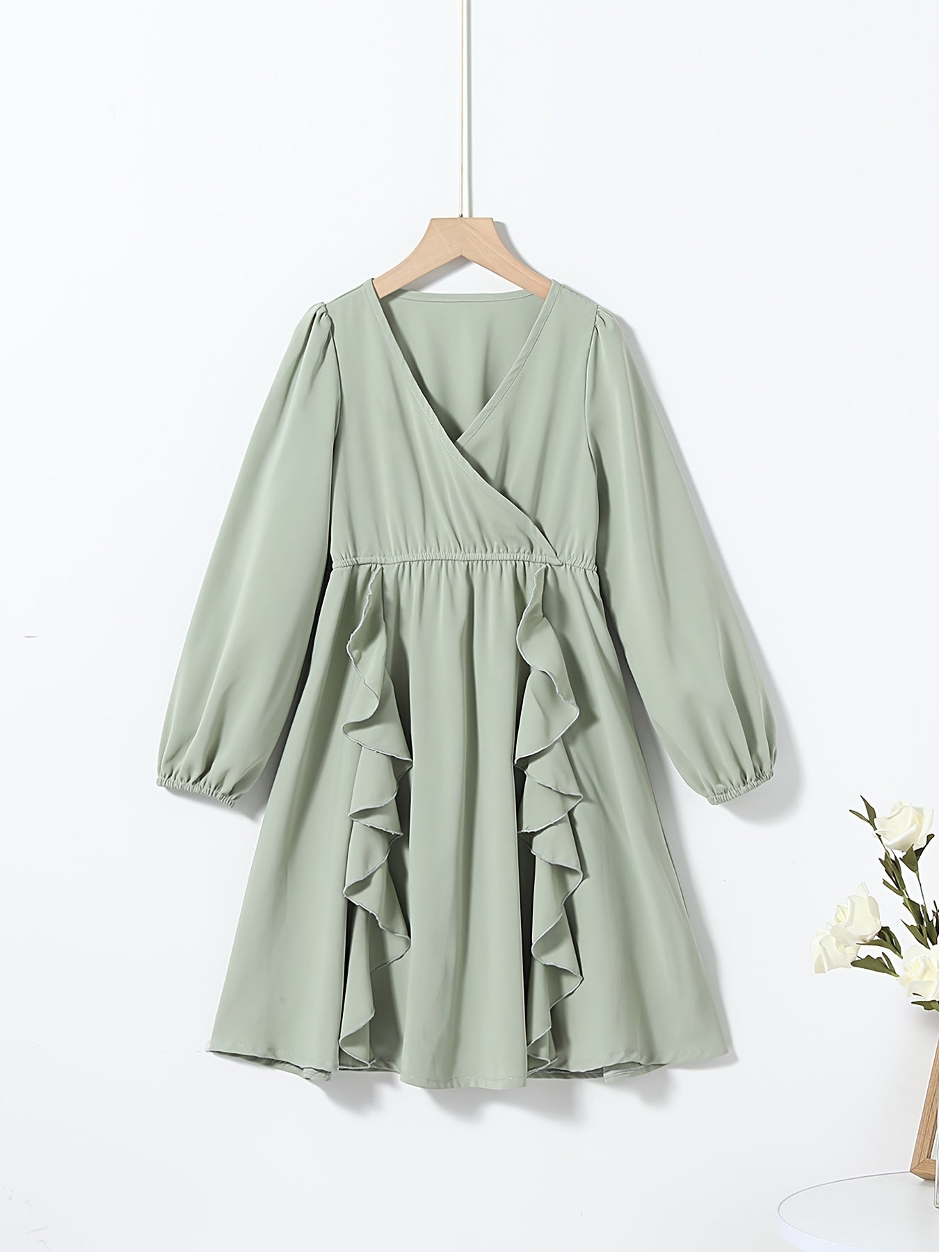 Girls V-Neck Ruffled Dress for Autumn & Spring