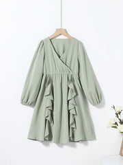 Girls V-Neck Ruffled Dress for Autumn & Spring