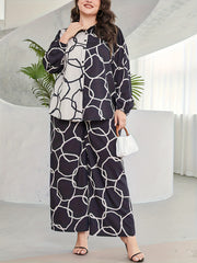 Geometric Print Button Up Blouse & Wide Leg Pants Set