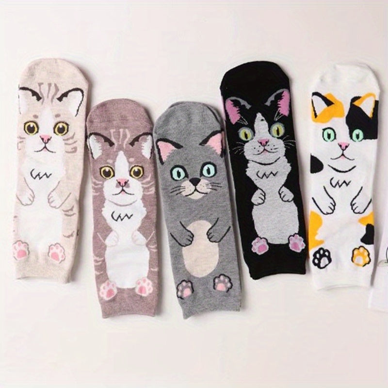 5 Pairs Cartoon Cat Print Socks Women's Stockings & Hosiery