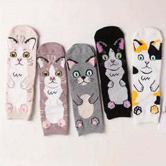 5 Pairs Cartoon Cat Print Socks Women's Stockings & Hosiery