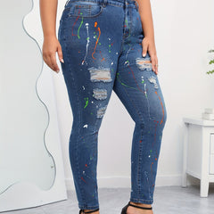 Splash Print Ripped High Rise Skinny Jeans