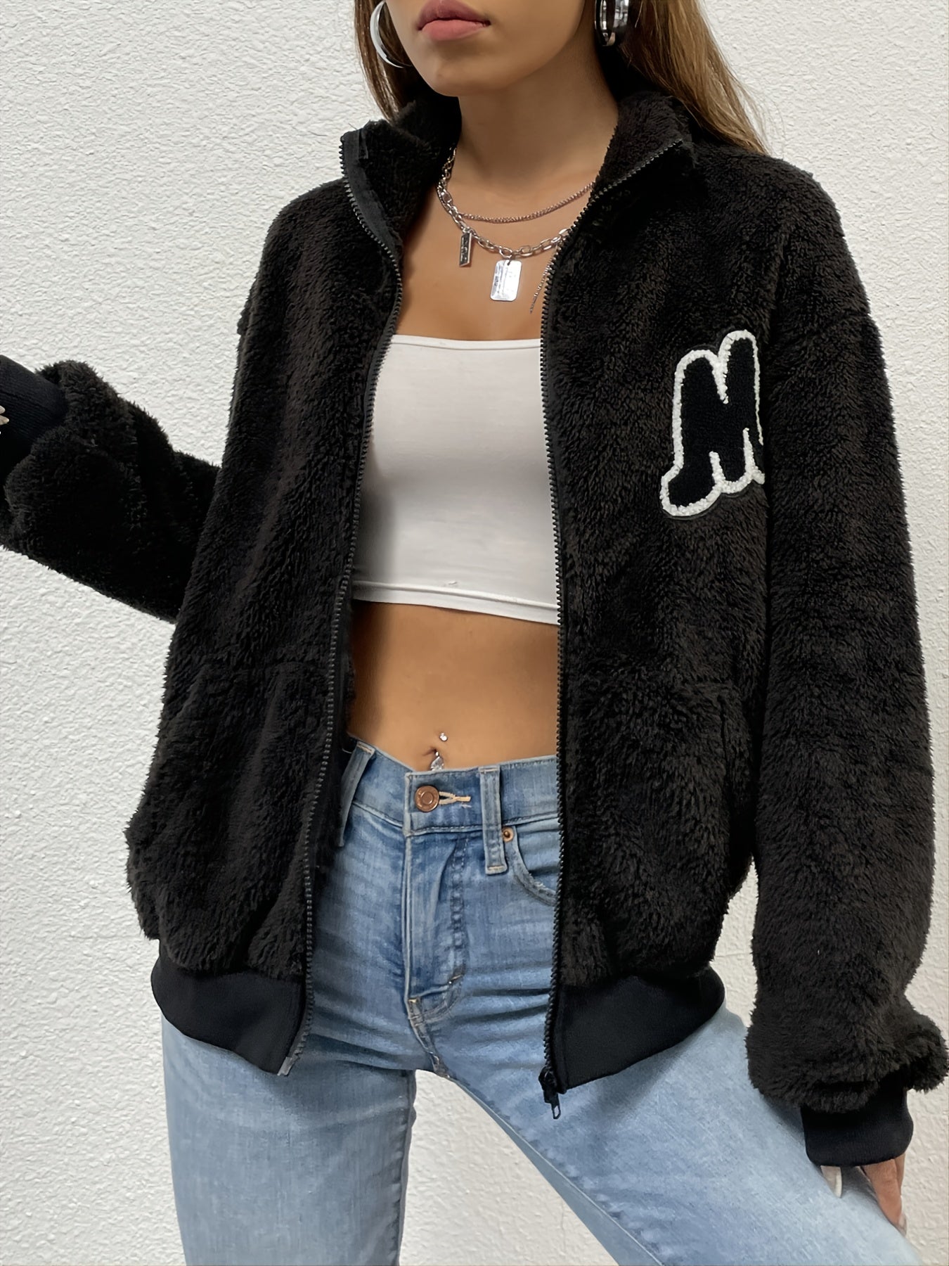 Fuzzy Jacket Zipper Lapel Long Sleeve Loose Outerwear