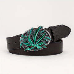 Men's Green Maple Leaf Buckle PU Leather Belt Casual Waist Belt