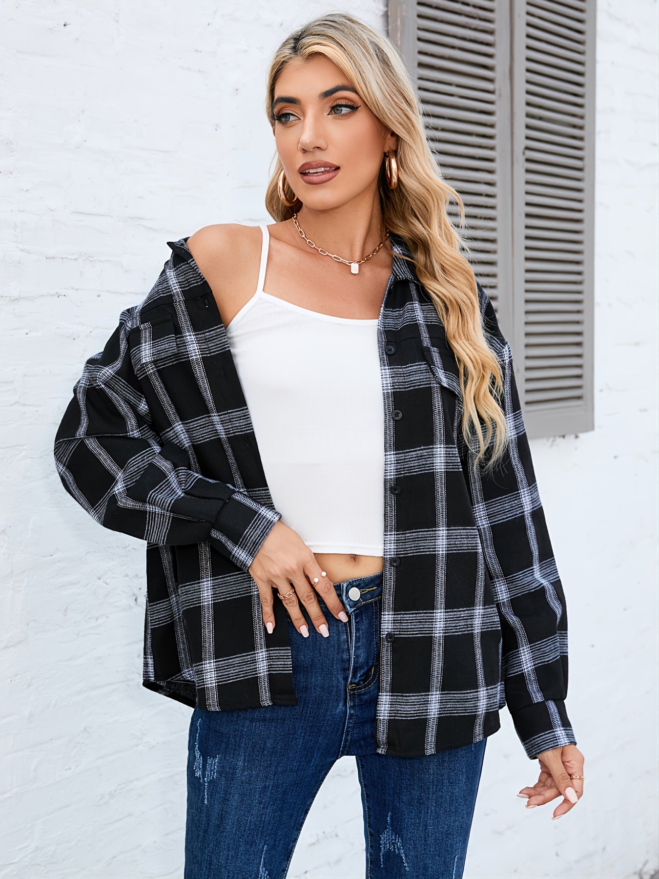 Plaid Shirt Jacket Long Sleeve Casual Shacket Women's Clothing