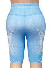 Denim & Butterfly Print High Rise Skinny Shorts