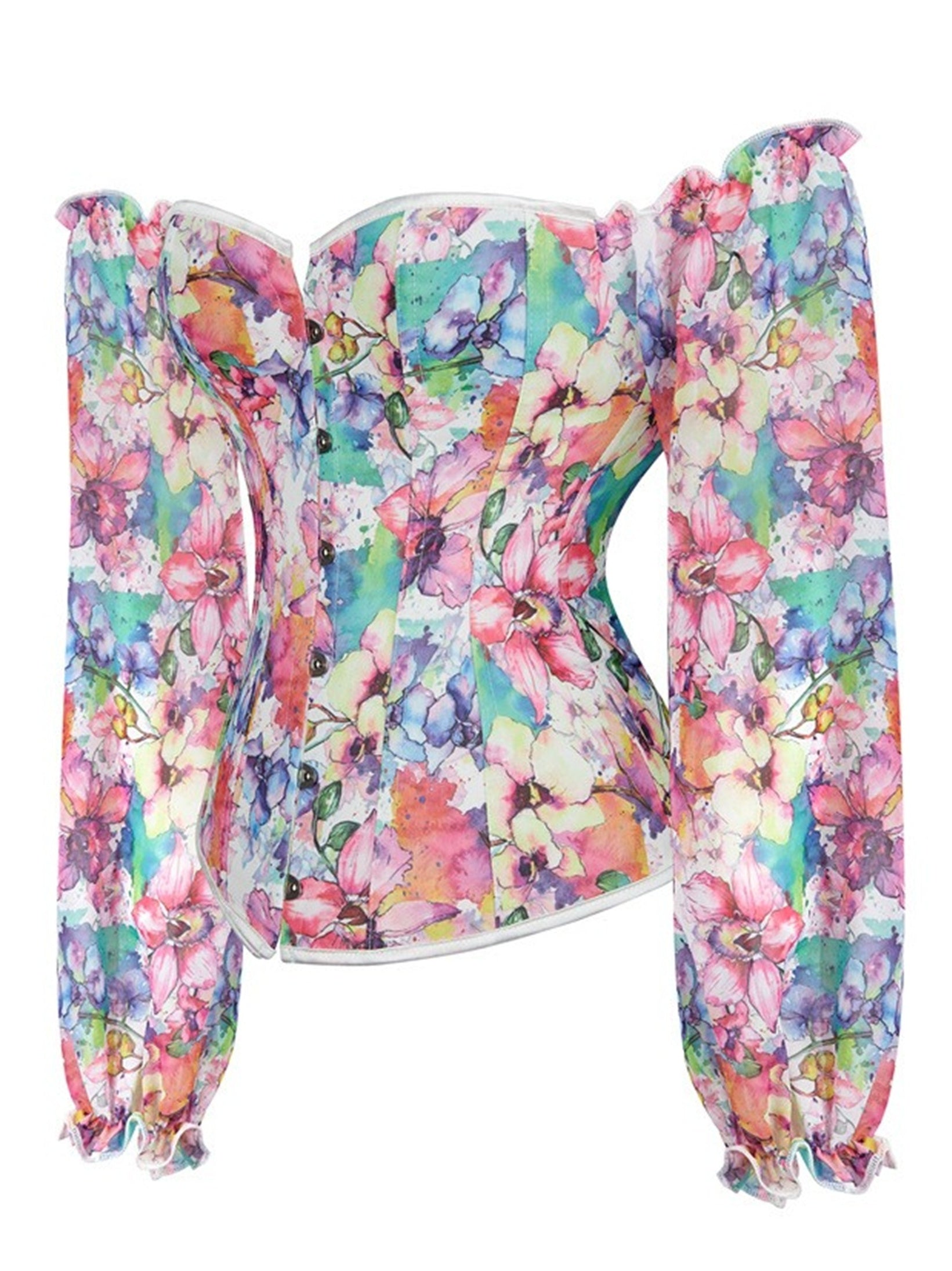 Floral Print Corset Bustier Ruffle Long Sleeve Lace Up Body Shaper