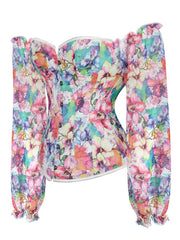 Floral Print Corset Bustier Ruffle Long Sleeve Lace Up Body Shaper