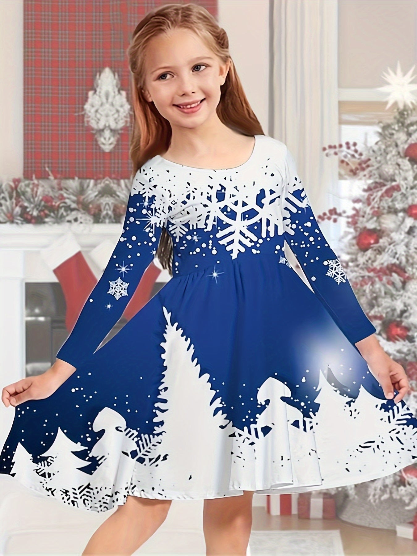 Christmas Night Graphic Long Sleeve Dress Girls Crew Neck Dresses
