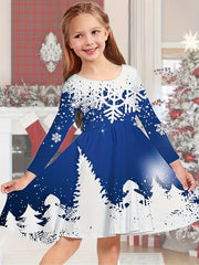 Christmas Night Graphic Long Sleeve Dress Girls Crew Neck Dresses