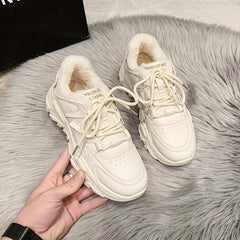 Women's Plush Lined Chunky Sneakers Solid Lace Up Low Top Trainers