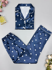 Heart Print Satin Pajama Set Long Sleeve Button Up Top & Elastic Waistband Pants
