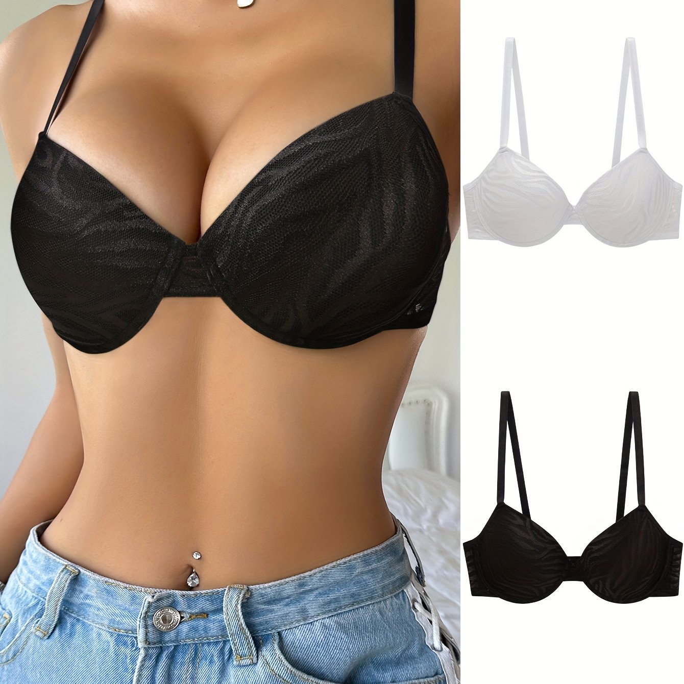 2pcs Solid Push Up Bras Comfy & Breathable Women's Lingerie