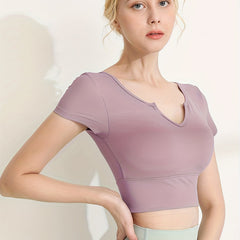 V Neck Crop Yoga Top Short Sleeves Quick Dry Sporty Tee Women's Activewear
