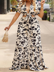 Floral Print Puff Sleeve V Neck Knot Top & Wide Leg Pants Set