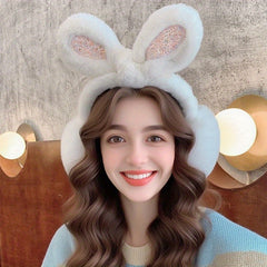 Plush Rabbit Ear Warmers Glitter Accents Cozy Winter Earmuffs for Women