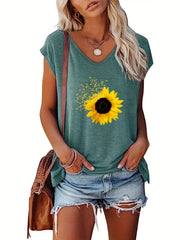 Sunflower Print Cap Sleeve Top V Neck Summer Top