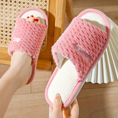 Women's Faux Fur Slippers with Linen Sole