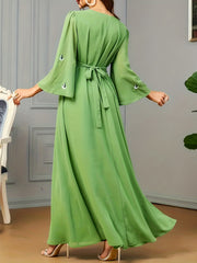 Floral Embroidery V Neck Maxi Jalabiya Dress