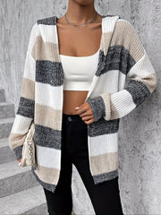 Block Hooded Cardigan Long Sleeve For Women