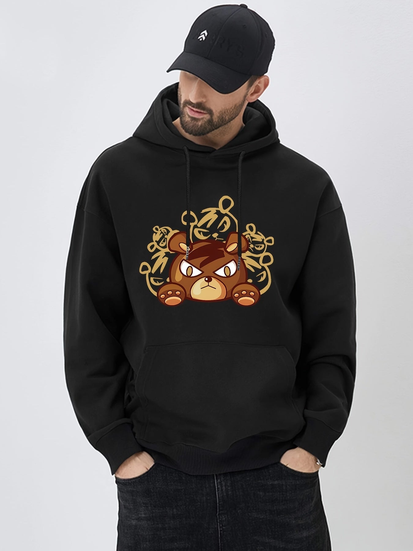 Cartoon Bear Print Hoodie for Men Casual Graphic Pullover Hooded Sweatshirt