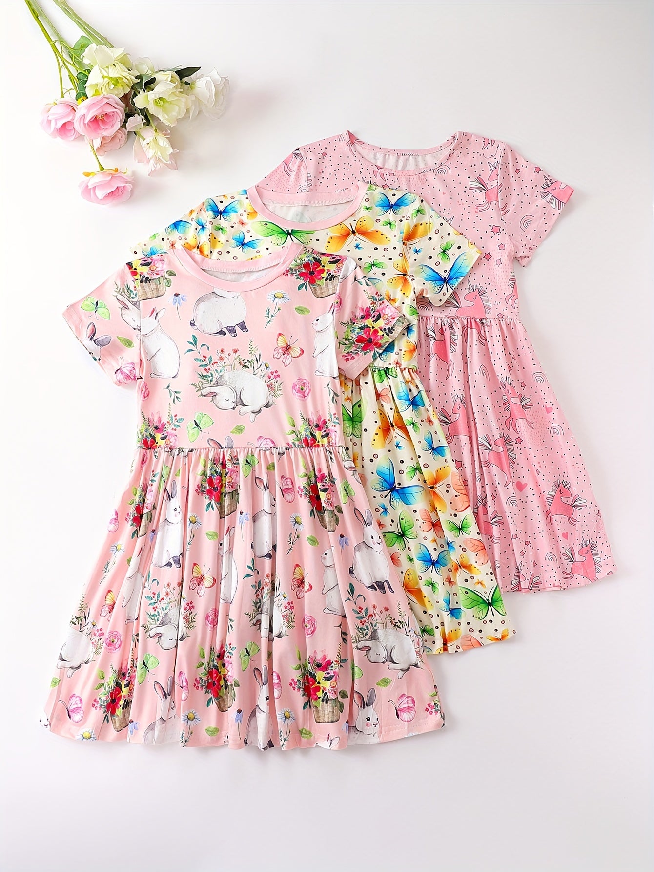Girls' Dress With Cartoon Butterfly Rabbit Pony Print
