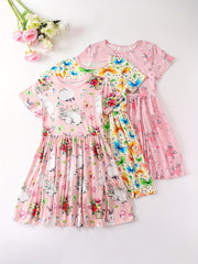Girls' Dress With Cartoon Butterfly Rabbit Pony Print