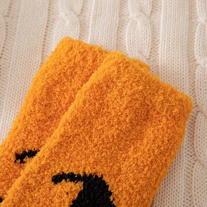 4 Pairs Pumpkin & Bat Print Halloween Fuzzy Socks Women's Stockings