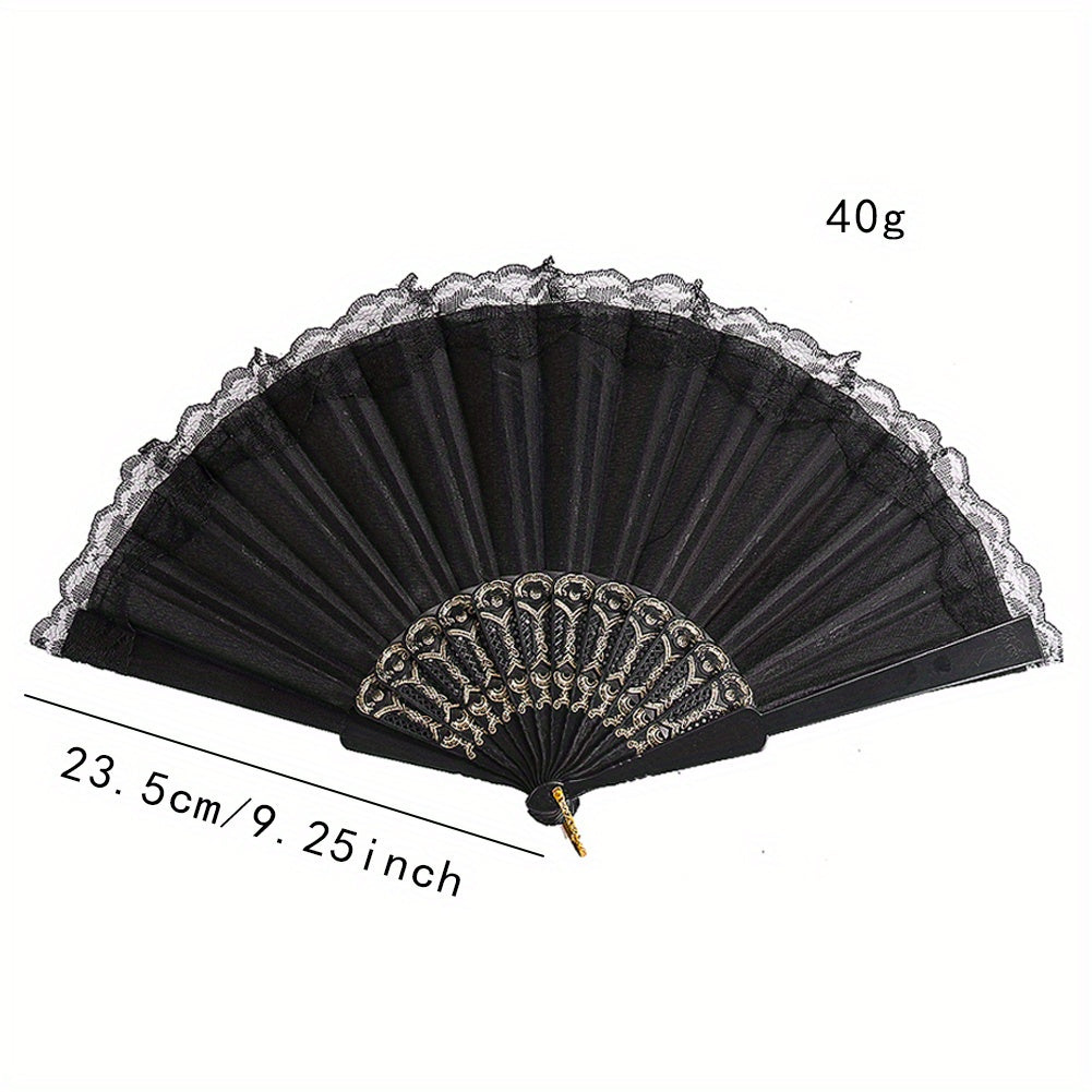 Retro Lace Trim Ladies Folding Fan Dance Performance Props Cheongsam Decoration