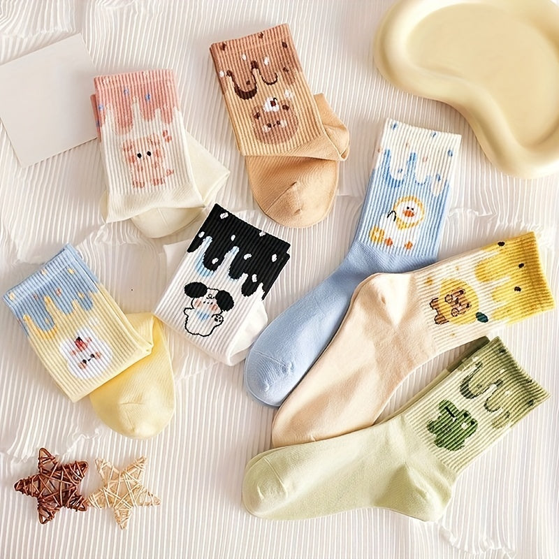 7 Pairs Cartoon Print Socks Women's Mid Tube Stockings