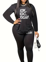 Women's Casual Two Piece Set - Letter Print Top & Pants