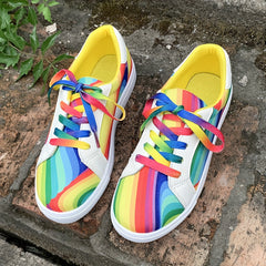 Women's Rainbow Print Lace Up Round Toe Flat Sneakers