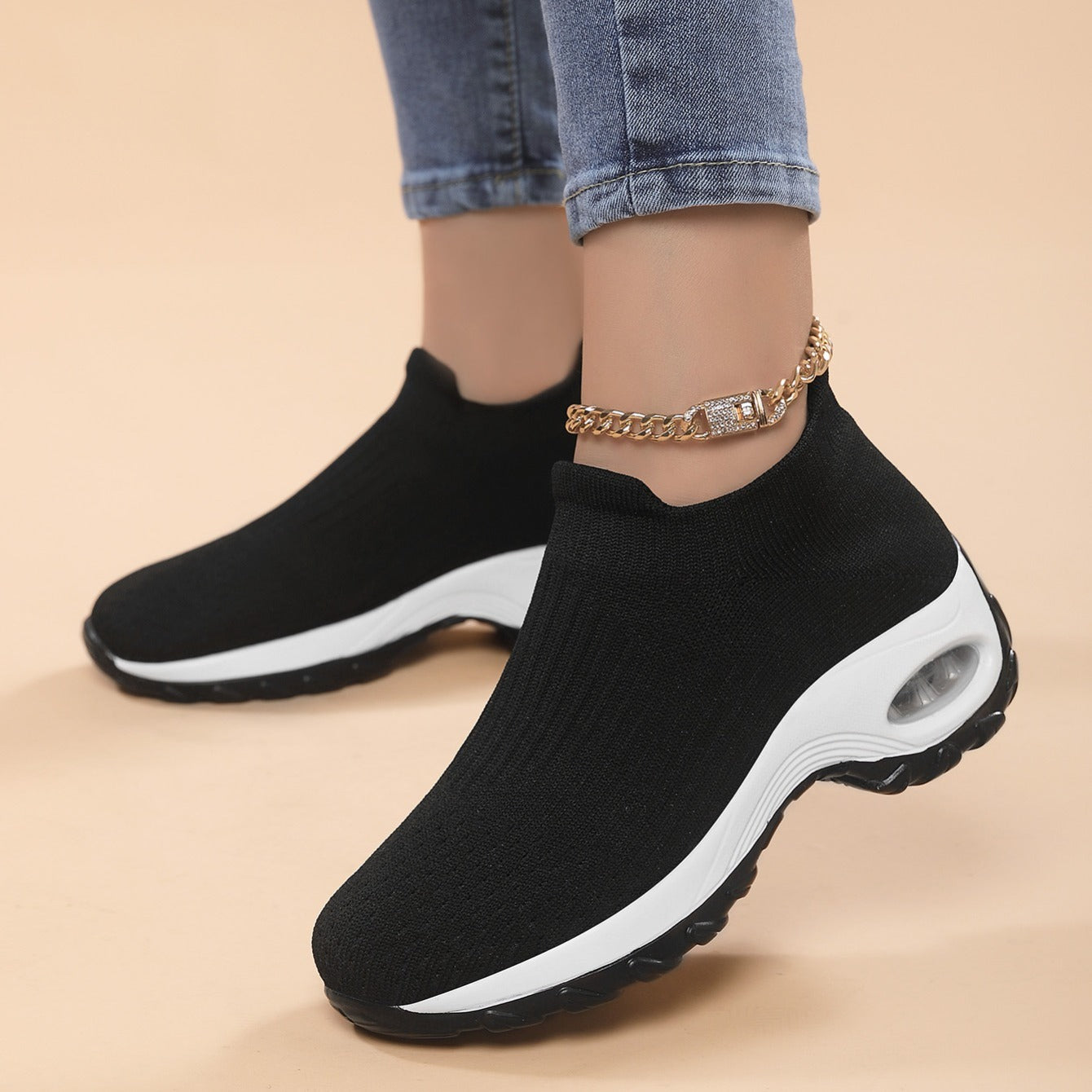 Women's Air Cushion Knit Socks Sneakers Comfort Slip on Platform Casual Shoes