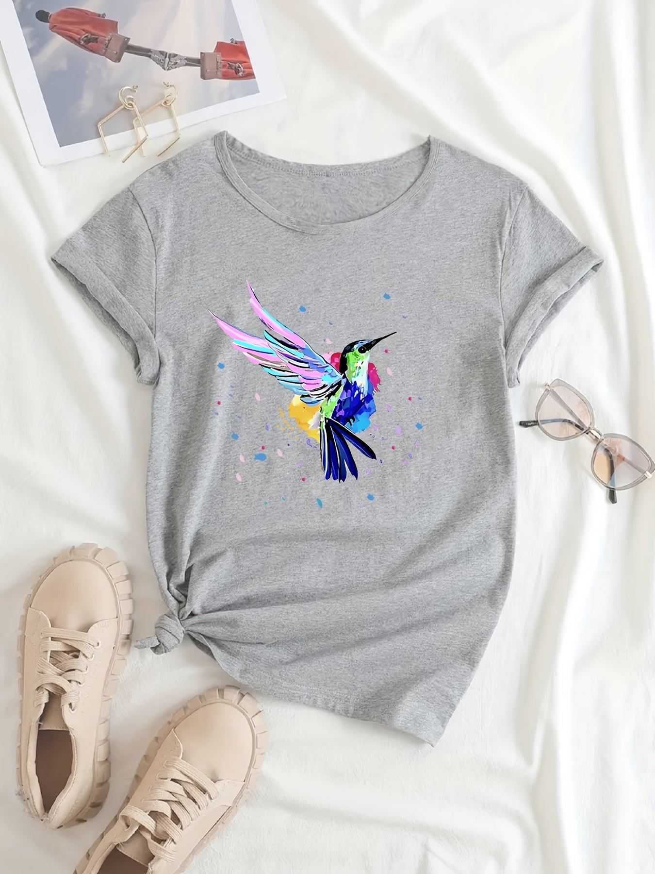 Birds Graphic Sports Short Sleeve T shirts Print Casual Sports Slim Tops