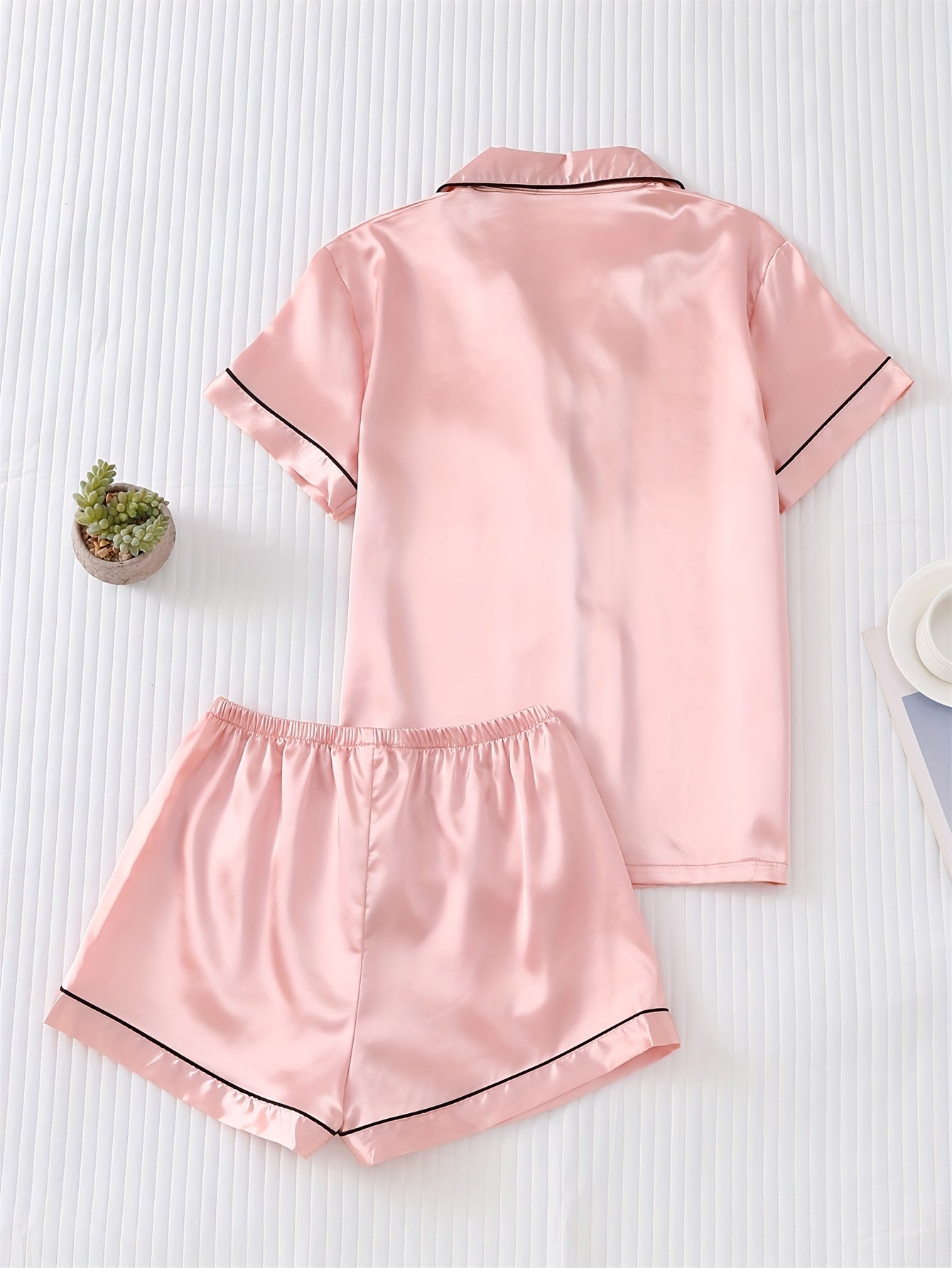 Solid Satin Pajamas Set Short Sleeve Buttons Top & Bow Shorts