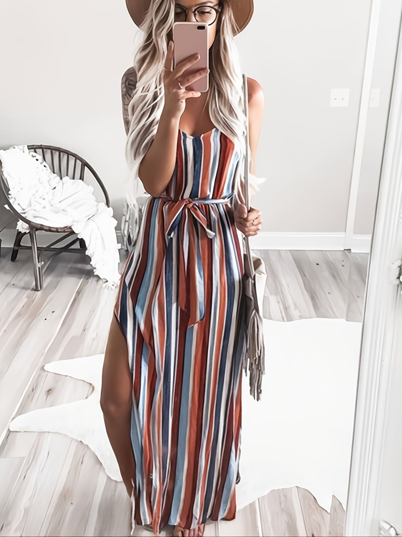 Striped Side Split Cami Dress Casual V neck Belted Spaghetti Dress
