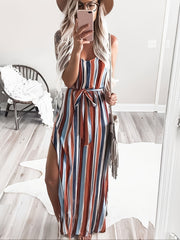 Striped Side Split Cami Dress Casual V neck Belted Spaghetti Dress