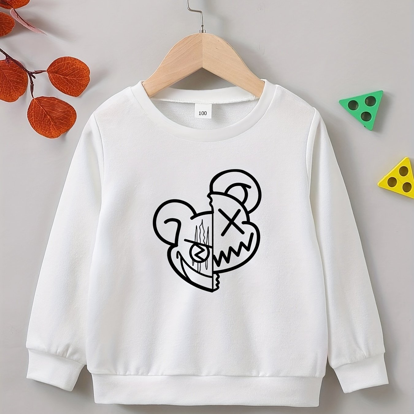 Cartoon Bear Print Boys Pullover Sweatshirt Long Sleeve Crew Neck Tops