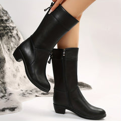 Women's Plush Lined Mid Calf Boots Chunky Heel Side Zipper Round Toe