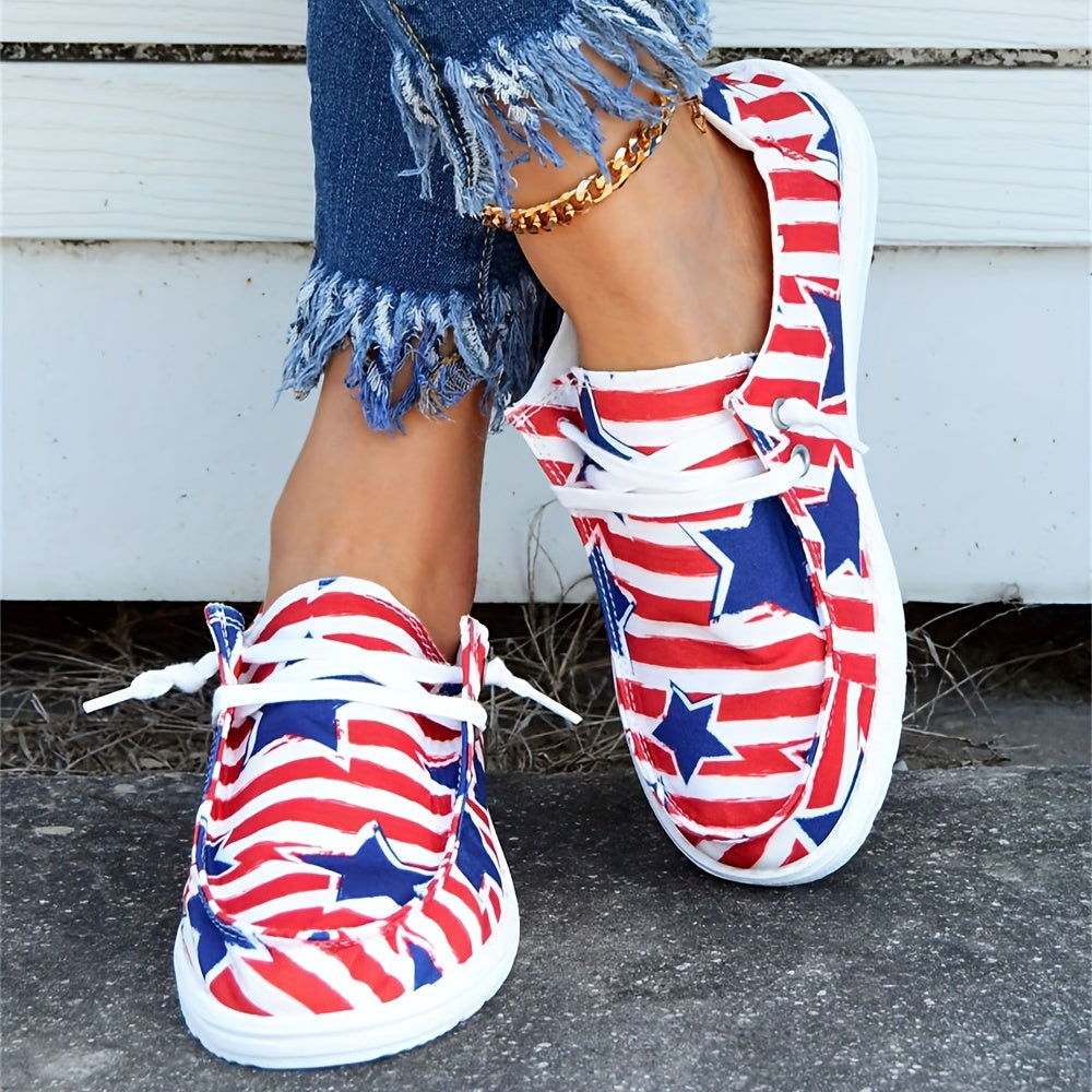 Women's Star & Stripe Pattern Walking Shoes Independence Lace Up Canvas Shoes