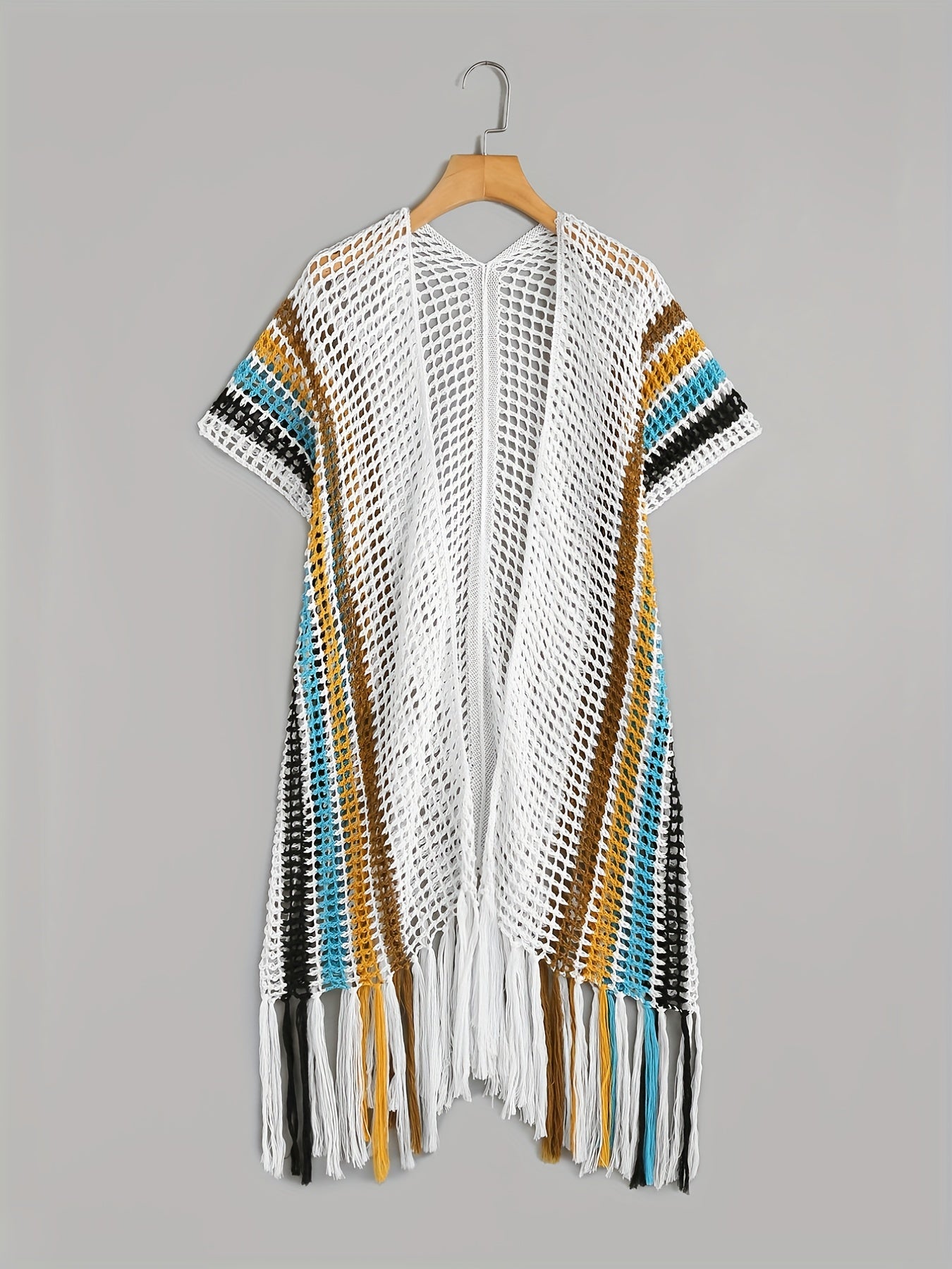 Open Knit Tassel Cover Up Short Sleeve Beach Cover Up Women's Swimwear