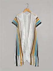 Open Knit Tassel Cover Up Short Sleeve Beach Cover Up Women's Swimwear